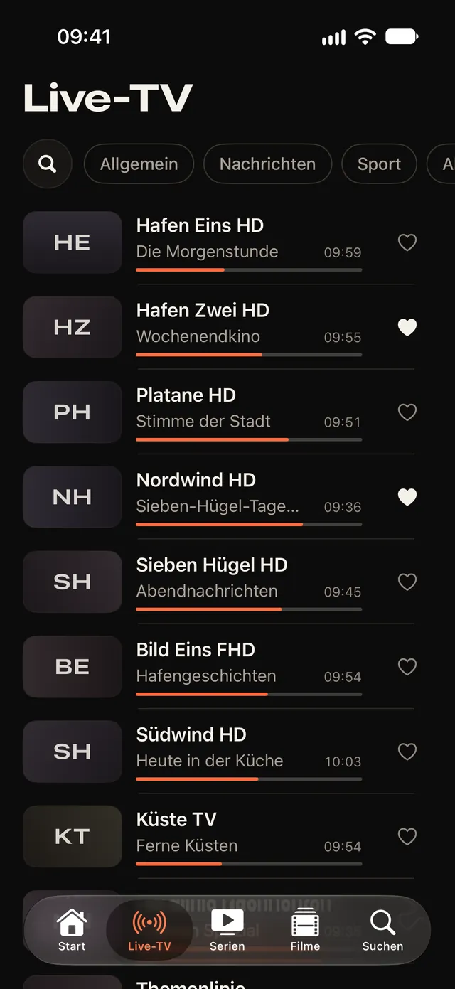 Live-TV-Liste: auf jedem Sender die laufende Sendung mit Fortschrittslinie