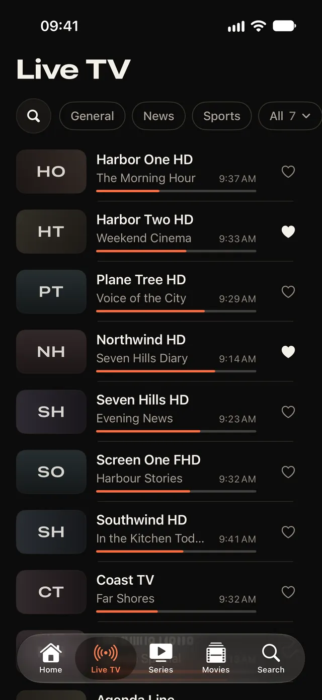 Live TV list: the programme on air and a progress line on every channel