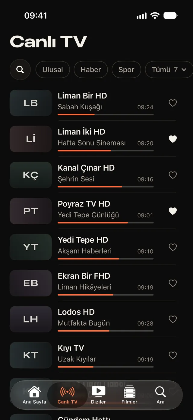 Canlı TV listesi: her kanalda yayındaki program ve ilerleme çizgisi