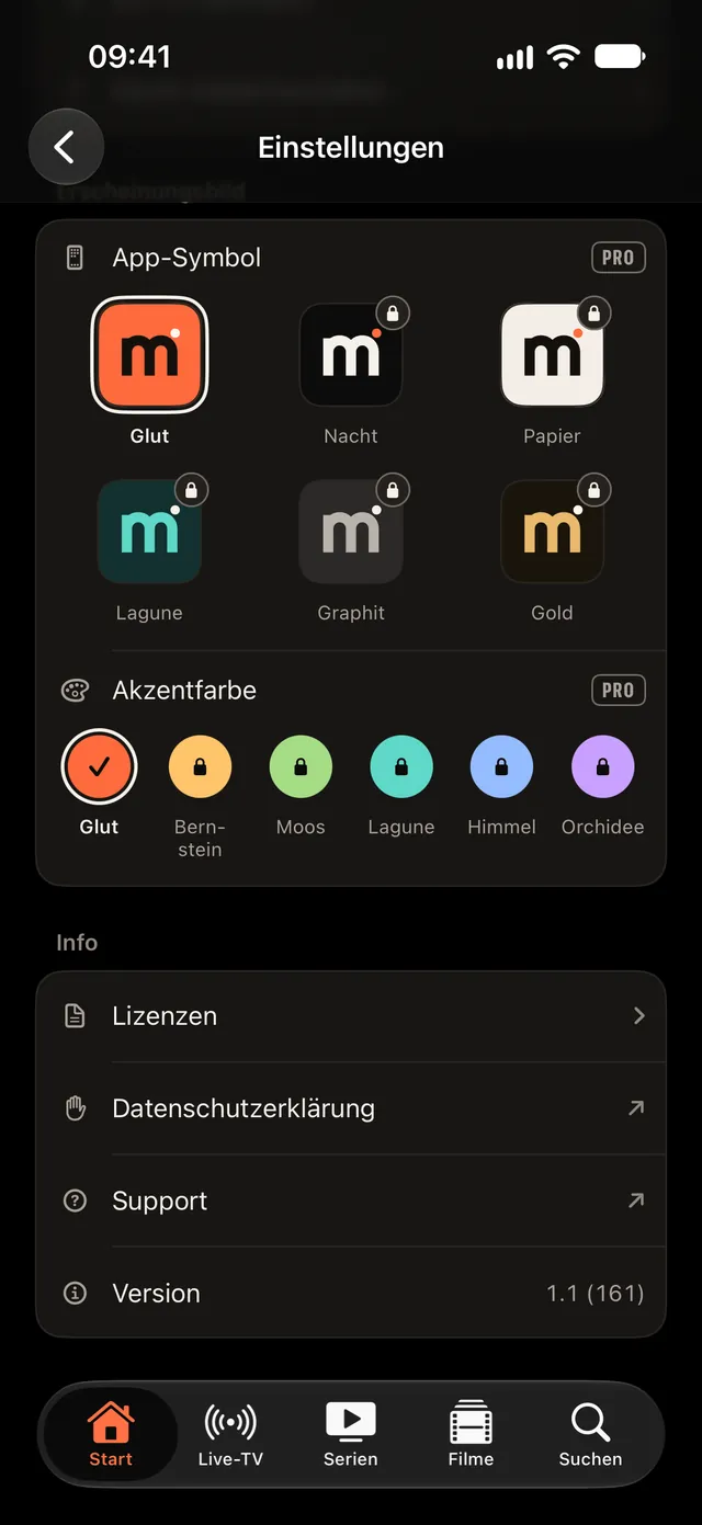 Darstellung: sechs App-Symbole und sechs Akzentfarben