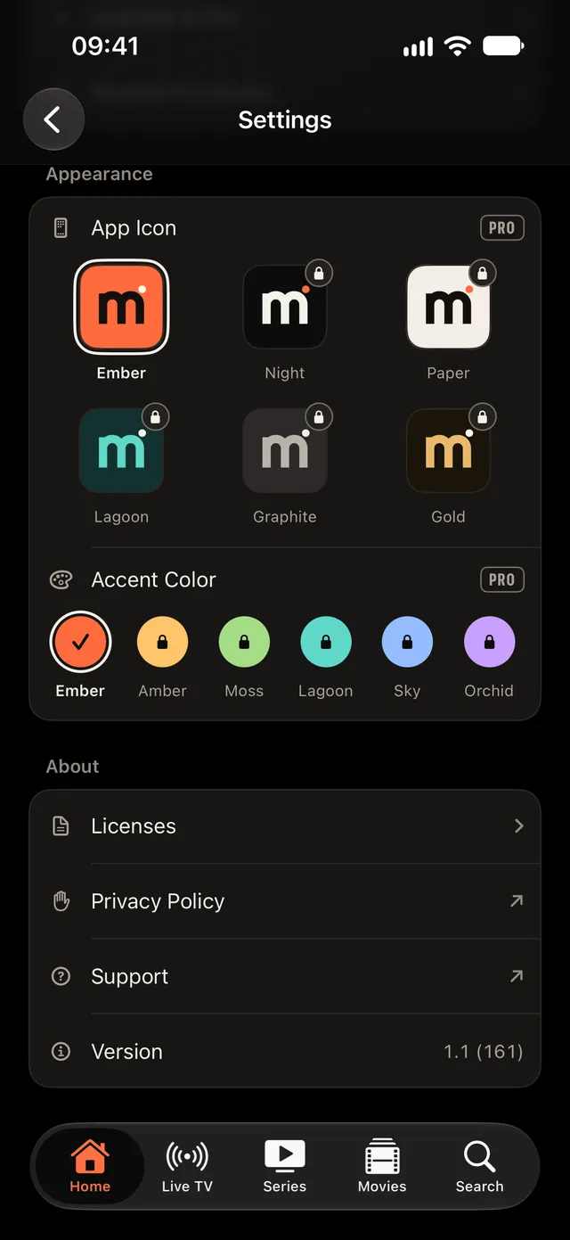 Appearance settings: six app icons and six accent colours